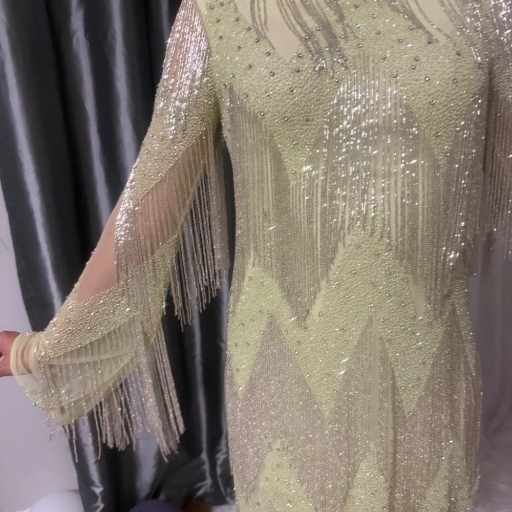 Rachel Gilbert Sequin Long Sleeve Dress in Cream and Silver - Picture 6 of 12